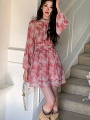 Hnewly Women's New Elegan Print t Dresse Fashion A-Line O-Neck Lantern Sleeve Slim Waist Short Vestidos FrenchCasual Holiday Summer