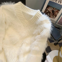 Hnewly Imitate Mink Sweater for Women's Spring Autumn New Loose Long Sleeved Pullover Knitted Top Korean Slim V-neck Short Sweaters