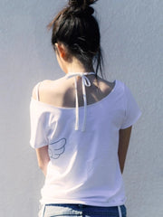 Hnewly Summer New Top for Women Sexy Skew Collar Off Shoulder Tee Shirt Y2k Fashion Wings Printed Short Sleeved T-shirts
