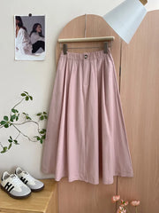 Hnewly Korean style Women Spring Summer Cotton Skirts Solid Casual Elastic Waist Preppy Style Elegant A-Line Midi Pleated Skirt
