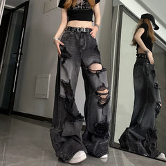 Hnewly Women's Distressed Design Wide Leg Hole Jeans Summer New Street Unisex Style Trousers Loose High Waist Straight Denim Pants