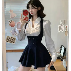 Hnewly spring birthday outfit Preppy Style Vintage Fashion Suit Woman White Shirt + Short Coat High Waist Slim Y2k Mini Dress Japanese Elegant Set 2025 Chic