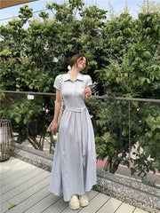 Hnewly Blue Polo Neck Short Sleeve Long Dress Women's Summer Slim Fit Design Waist Cinching Skirt A-Line Gown Casual Elegant Style