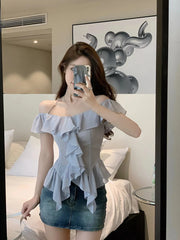 Hnewly Elegant 2 Piece Skirt Sets Summer French Harajuku Y2k Crop Tops Blouse Chiffon Shirt Straight Neck Sexy Slim Denim Skirts