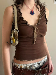 Hnewly Y2K Frill Camisole Women Brown Tie Up Crop Tops Kawaii Sweet Aesthetic Sleeveless Tank Top Female 2000s Coquette Outfit