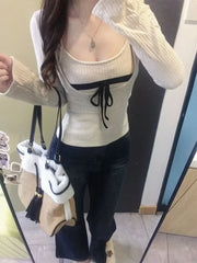 Hnewly Korean Style Sexy T-Shirts Women Sweet Coquette Two Piece Sets Long Sleeve Tops Fashion Aesthetics Patchwork T-Shirts