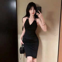 Hnewly Woman Elegant Dresses Slim Split V Neck Summer Fashion Sexy Backless Halter Solid Party Dress Female Casual Temperament