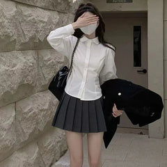Hnewly Women's White Shirt Korean Preppy Style Long Sleeve Turndown Collar Blouse School Girl Uniform Student Slim Shirts