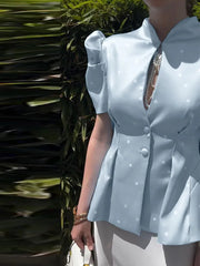 Hnewly Elegant Polk Dot Women's Shirt Hollow Out Short Puffed Sleeve Stand Collar Single-Breasted Blazer Summer Fashion Female Top