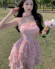 Hnewly Casual Floral Sexy Dress Women Summer Pink Sleeveless Patchwork Mini Dresses Female Elegant Party Holiday Slim Korean Dress