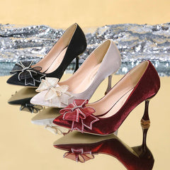 Hnewly Rhinestone Bowtie Pointed Toe Women's Pumps New Spring Satin Bridal Wedding Shoes Shallow Woman Pumps Stiletto Red