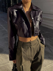 Hnewly Women's Y2K Short Jacket Faux Leather Turn-down Collar Button Decorated PU Grunge Street Casual Fashion Coat