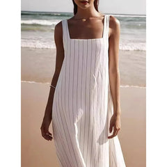 Hnewly Summer Striped White Dresses Loose Fit Sundress Square Neck Lazy Casual Beach Vacation Simple Long Dress