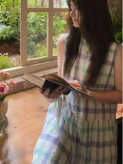 Hnewly High-End Women's Summer Vintage Plaid Loose Lazy Casual Vest Dress Korean Style Loose Waist Cotton Material A-Line Skirt