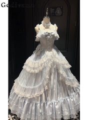 Hnewly Blue Dress Flower Wedding Lolita Evening Dress Female Lace Bow Banquet Student Bar Mitzvah Sweet Gorgeous Jsk Princess Dress