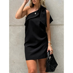 Hnewly One-Shoulder Mini Dresses Women New Black Straight Sleeveless Bow Simple Casual Summer Dress Woman Clothes