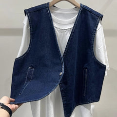 Hnewly Denim Vest Jacket For Women Spring Autumn 2025 New One Button Sleeveless irregular Coat Girls Summer Loose Versatile Top