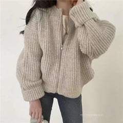 Hnewly Women's Zip Up Sweater Cardigan Chunky Knit Stand Collar Zipper Front Plain Sweater Jacket Ladies Korean Chic Fall Winter Outfit