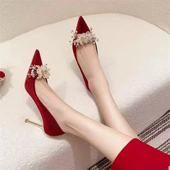 Hnewly New Chinese Wedding Dress Toast Wedding Banquet Wedding Shoes Women's Niche Bridal Shoes Red High Heels
