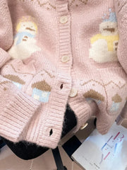 Hnewly Cute Snowmen Pink Cardigan Sweater Women Vintage Sweet Print Loose Knitted Coat Japan Fall Winter Kawaii Female O Neck Tops