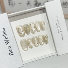 Hnewly 10Pcs Handmade Press on Nails Cat Eye Moon Decorations Aurora False Nails Short Almond Acrylic Wearable Manicure for Spice Girl