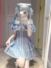 Hnewly Subculture Mine Japanese Girls Bow Lace Dress Set Gothic Y2k Short-sleeved Top and Shorts 2-piece Set Lolita Women's Outifits