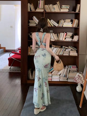 Hnewly Butterfly print backless camisole dress for women's summer temperament buttocks wrapped long slim fit waist fishtail Dress