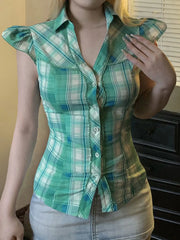 Hnewly Fashion Y2k Lace Spliced Plaid Prints Women Shirts Shorts Sleeves Retro Chic Design Summer Polo Blouses