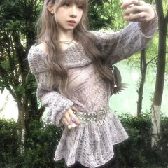 Hnewly Fashion Slash Neck Hollow Out Pullovers Y2k Grunge Long Sleeve Sweaters Mujer Vintage Simple New Loose Knitted Tops Women