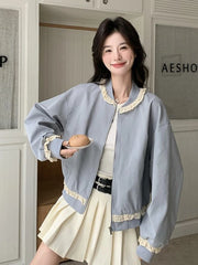 Hnewly Lace Patchwork Sweet Jacket Women Loose Vintage Preppy Style Cute Coat Female Long Sleeve Korean Retro O Neck Tops Outwear