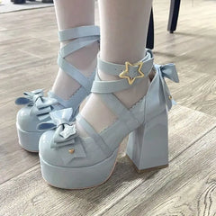 Hnewly Lolita Shoes Women High Heels Shoes Woman Chunky Sandals Summer Mary Janes PU Leather Shoes Retro Bow Party Platform Pumps