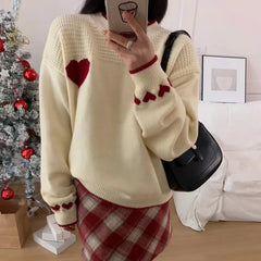 Hnewly Christmas Sweaters Women y2k Clothes Heart Print Round Neck Long Sleeve Knitted Pullover Tops 2000s Aesthetic Clothing