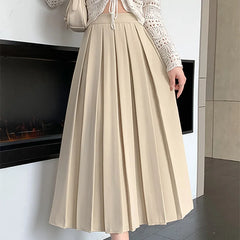 Hnewly Classic Pleated A-Line Suit Skirts Women Loose Elastic Waist Skirts for Woman Office Lady Solid Color High Waist Skirt Mujer