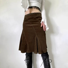 Hnewly Grunge y2k Brown Skirt Spring Autumn Retro Lace Stitching Low Rise A-line Midi Skirts for Women Vintage y2k Clothing Lady