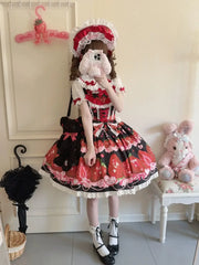 Hnewly Original Design Sweet Lolita JSK Dress Women Summer Cute Bow Strawberry Print Princess Strap Dresses
