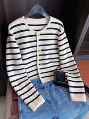 Hnewly Women Spring Autumn Sweaters O-neck Stripe Knitted Cardigan Fashion Long Sleeve Casual Short Tops Korean Style New