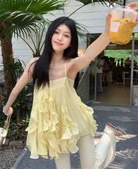 Hnewly Camis Women Sweet Ruffles Patchwork Slash Neck Backless Summer Fashion Solid Tank Tops Female French Style Chic