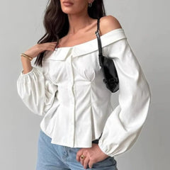 Lunivop New Spring Autumn French Sexy Off The Shoulder Office Lady Blouse Y2k Fashion Euramerican Slim Waist Draped Clothes Harajuku Top