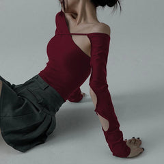 Hnewly Sexy Oblique-neck Long Sleeve T Shirt Y2K Spring Women Hollow Out Off Shoulder Bodycon Crop Top Casual Streetwear Tees