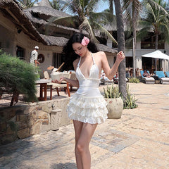 Hnewly Korean Style Sexy Beach V-neck Dress Summer Y2K Charming Backless Handling Neck Dress Swimming Pool Party Mini Dresses