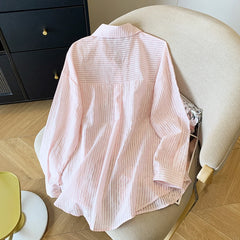 Hnewly Pink Striped Sun Protection Shirt Women's Summer Thin Single-breasted Outwear Loose Fit Lazy Style Casual Open Front Female Tops