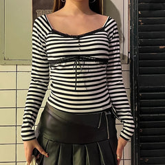 Hnewly y2k Fairy Grunge Top Women Clothes Striped Lace Trim Square Collar Long Sleeve T Shirt with Bow Decor 2000s Streetwear