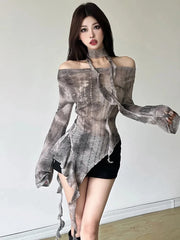 Hnewly Tie Dye Y2K T Shirts Women Sexy Off Shoulder Slim Gothic Tops Streetwear Vintage Long Sleeve Lace Up Lady Slash Neck Tees