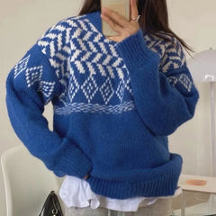 Hnewly Fair Isle Sweater for Women Thick Knit Geometric Crew Neck Pullover Sweater Warm Knitwear Autumn Winter Grandpa Vintage Outfit