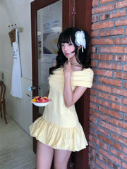 Hnewly Sweet Elegant Bodycon Mini Dresses Women Off Shoulder Korean Style Butter Yellow Plaid Ruffles Dresses Y2k Harajuku