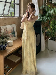 Hnewly French Women's Elegant Floral Printed Dress V-Neck Slim Fit Flying Sleeve Long Dresses Vacation Holiday Sexy Travel New Vestidos