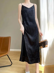 Hnewly Satin Jacquard Slip Dress for Women Summer Sexy Hollow Out Sleeveless Midi Dress Y2K Korean Elegant Beach Party Vestidos New