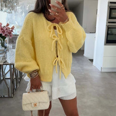 Hnewly Bow Tie Front Cardigan for Women Long Sleeve Knitted Jacket Sweater Autumn Winter Knitwear Teen-girl Y2K Cute Outfit