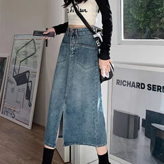 Hnewly Retro Blue Long Denim Skirt for Women High Waist Split A-Line Mid Calf Skirts Woman Summer High Street Pocket Jeans Skirt