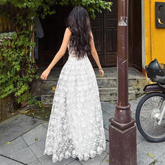 Hnewly Elegant Women Backless Party Dress Sexy Sling V Neck Mesh Long Dresses Spring Summer New Ladies White Wedding Vestidos